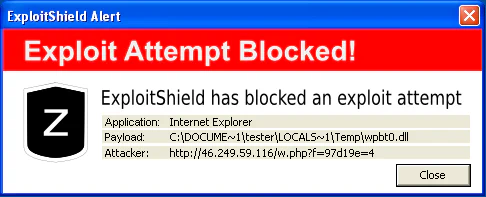 Example ExploitShield popup notification claiming to have blocked an exploit