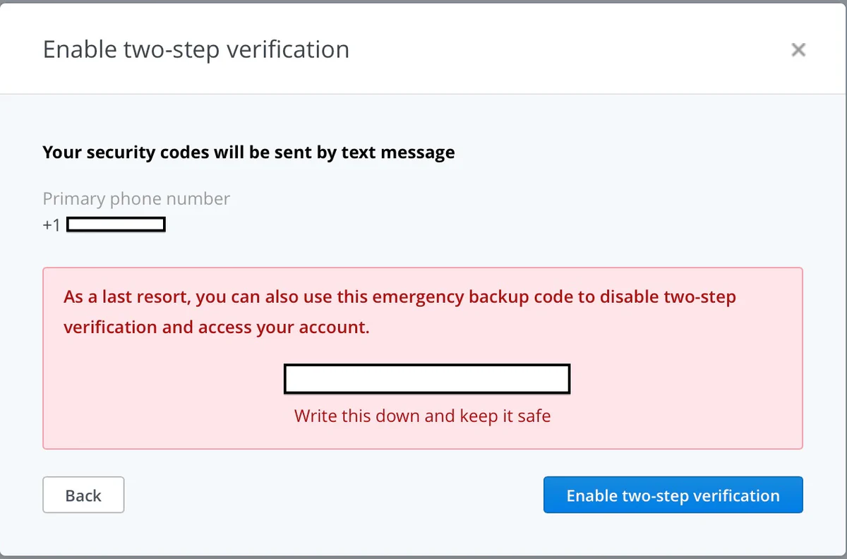 Emergency backup code