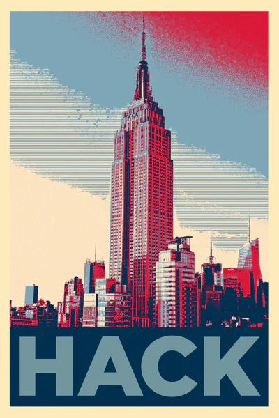 Retro poster illustration of the Empire State Building with the word HACK below it
