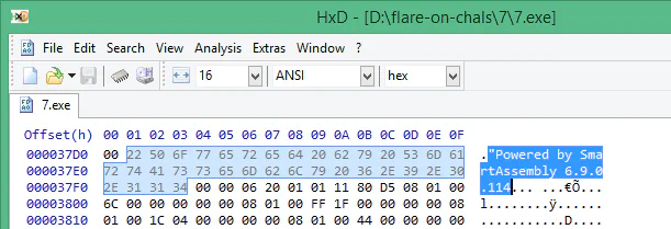 Hex editor showing the SmartAssembly obfuscator string