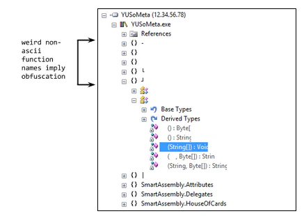 IDA Pro Functions window showing obfuscated method names