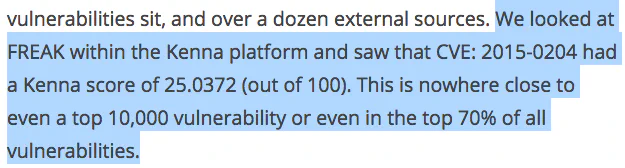 Kenna’s product prioritizes FREAK an order of magnitude higher than it likely should be