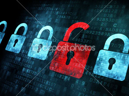 Stock photo of a row of digital padlock icons with one open padlock highlighted in red