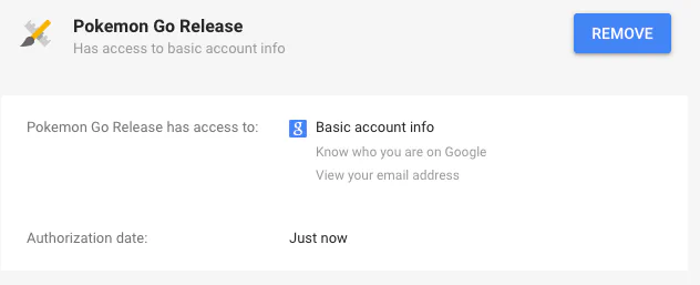 Google account App Permissions page showing the Pokemon Go Release entry has access to basic account info only, with a Remove button