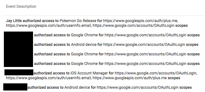 Google Apps for Work admin console log listing OAuth scopes granted to the Pokemon Go account, including the OAuthLogin scope