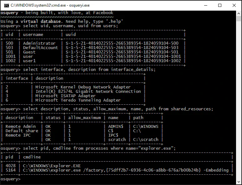 Screenshot of osqueryi on Windows querying the list of running processes and the cryptographic hash of a file