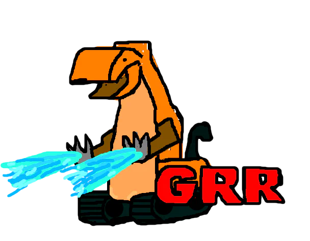 Illustration of the GRR mascot, a tank-tracked cartoon dinosaur spraying water cannons