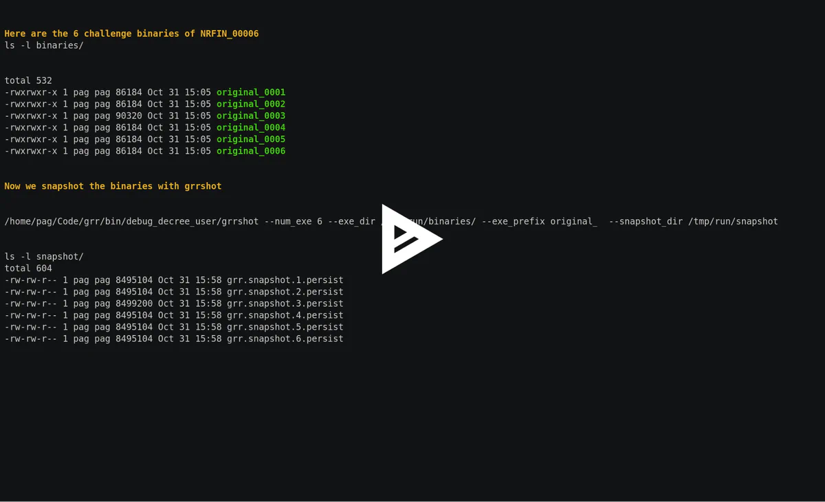 Screenshot of an asciinema terminal recording of GRR snapshotting and analyzing the six binaries of a CGC challenge