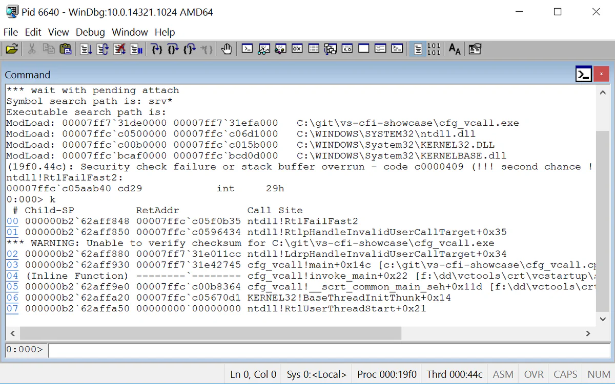 WinDbg debugger showing a Control Flow Guard violation