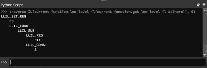 ARM instruction ldr r3, [r11, #-0x8] traversed in the Binary Ninja console
