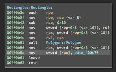 An example constructor. The highlighted instruction stores a vtable in the object’s structure.