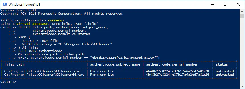 osquery output listing CCleaner executables signed with the stolen certificate&rsquo;s serial number