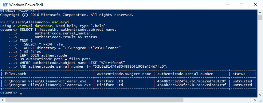 osquery output listing CCleaner executables signed by Piriform that do not use the new certificate&rsquo;s serial number