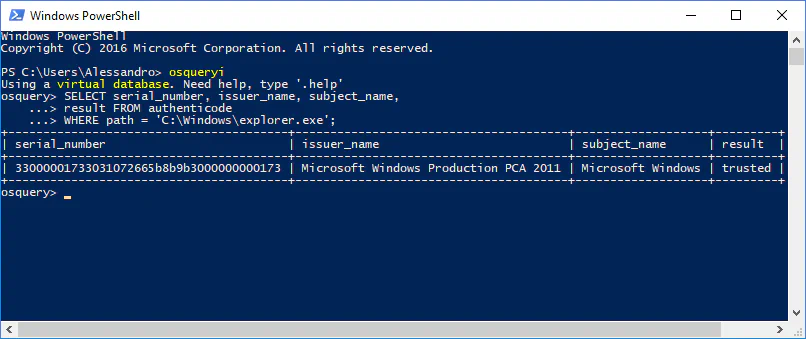 osquery output showing the Authenticode signature details for explorer.exe, including its trusted serial number, issuer, and subject