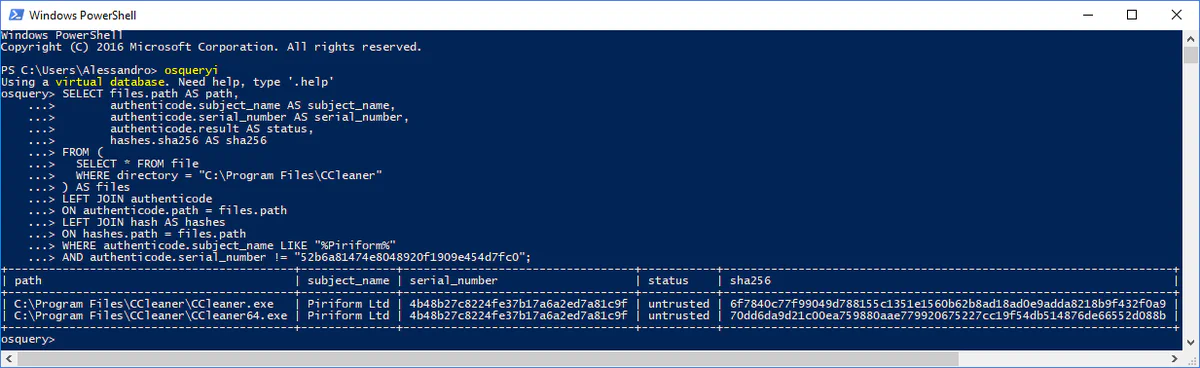 osquery output listing CCleaner executables with their code signature status and SHA-256 file hashes