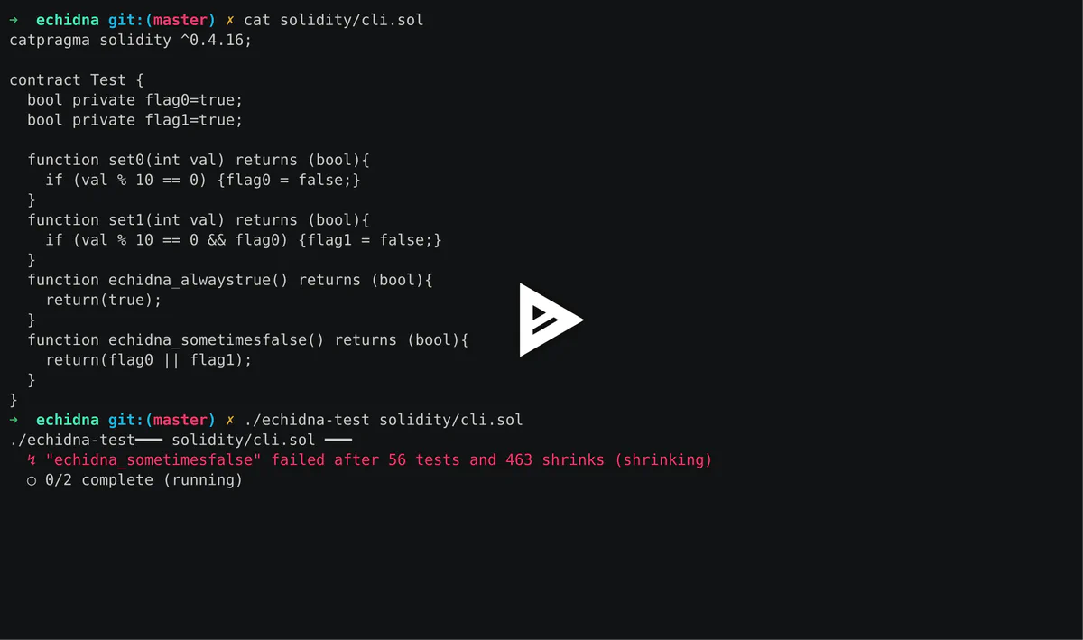 Asciinema recording of echidna-test finding a bug