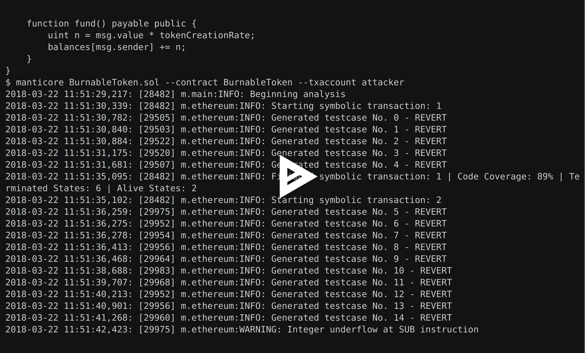 Asciinema recording of Manticore symbolically executing a BurnableToken contract