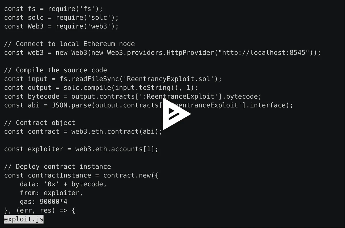 Asciinema recording of a reentrancy exploit against a vulnerable smart contract