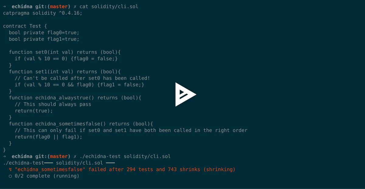 Asciinema recording of echidna-test failing a property in a Solidity contract