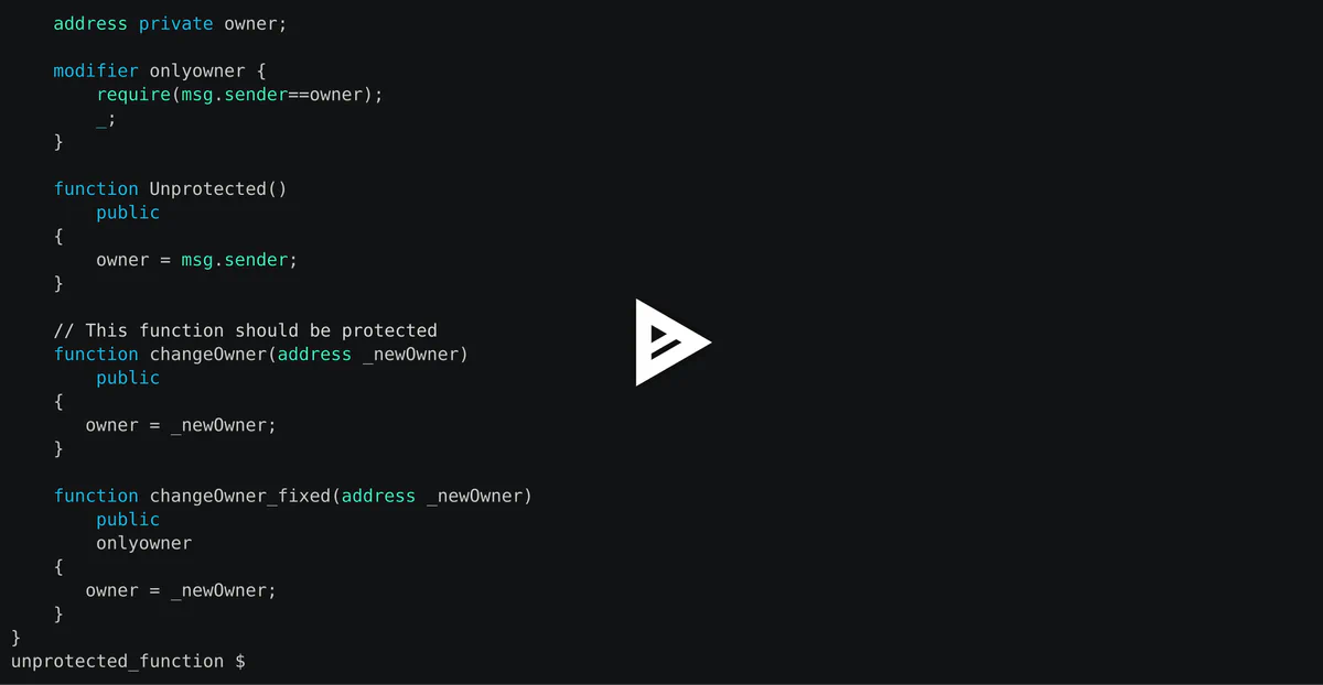 Asciinema recording of Slither flagging an unprotected function in a Solidity contract