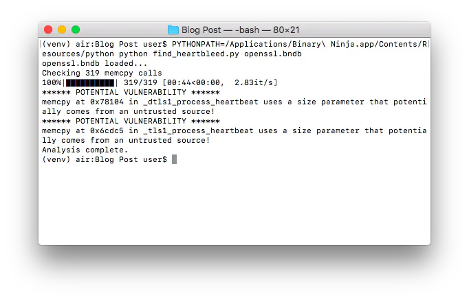 Figure 8. find_heartbleed.py successfully identifies both vulnerable Heartbleed functions in 1.0.1f.