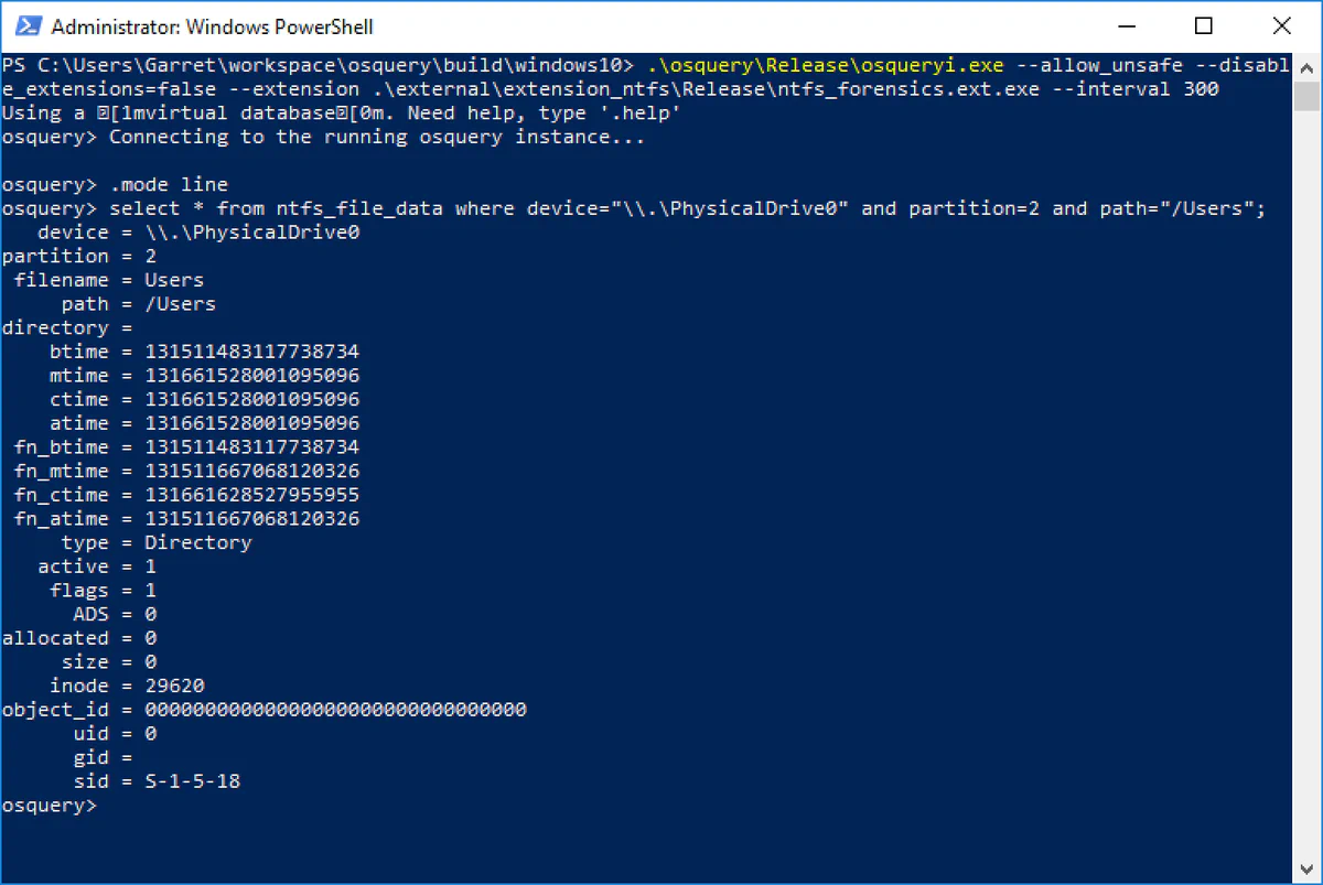 Displaying collected data on a single entry in an NTFS file system