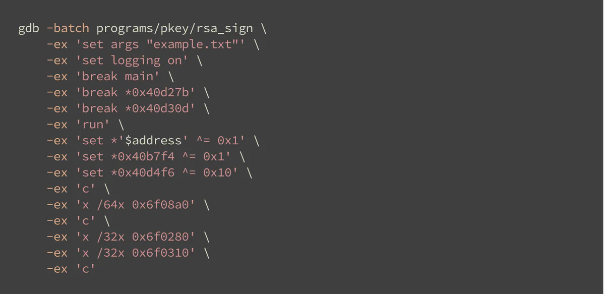 Fig. 5: Excerpt from GDB script called from Python code to induce faults in mbed TLS