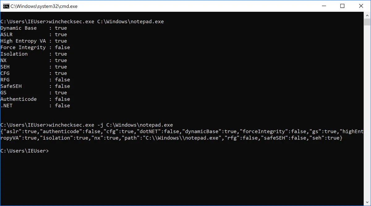 Winchecksec plain-text and JSON output for notepad.exe