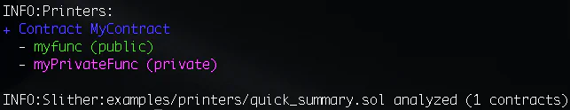 Slither contract summary printer output listing contract functions and their visibility