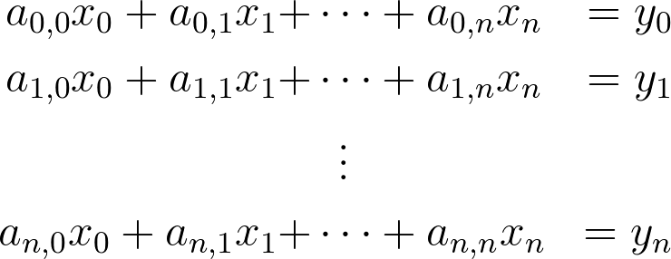 System of n linear equations relating unknowns x0 through xn to outputs y0 through yn via coefficients a