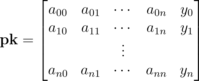 Equation defining the public key pk as a matrix of coefficients a with an appended column of outputs y0 through yn