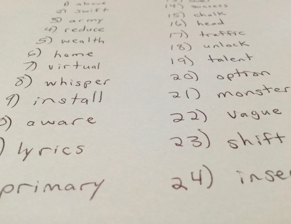 Photo of a numbered list of recovery seed words handwritten on paper