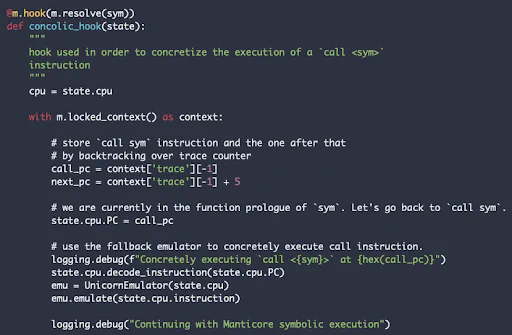 Using Manticore’s UnicornEmulator feature to concretize a call instruction to the target crypto primitive