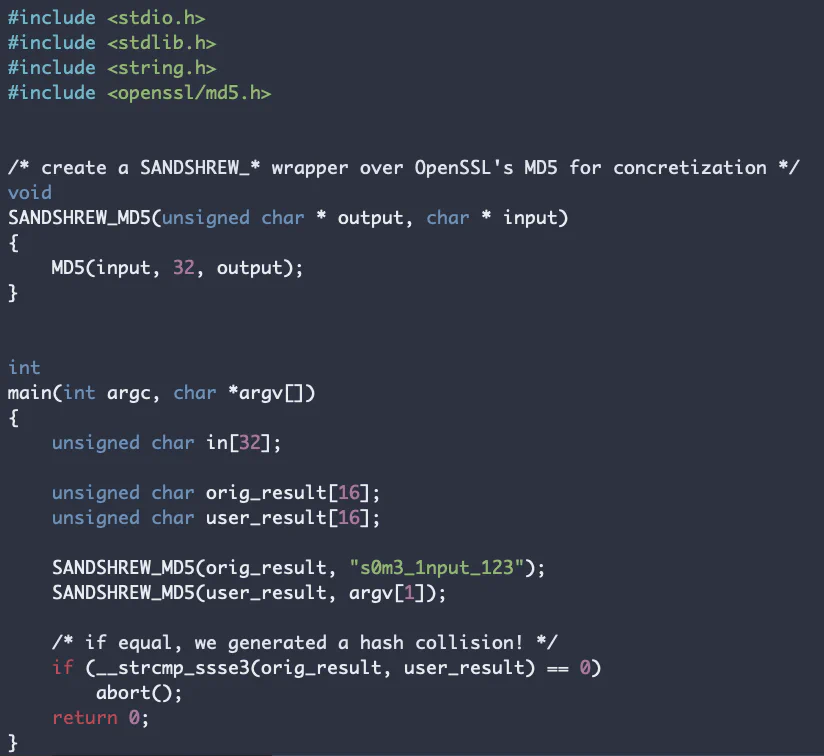 Sample OpenSSL test case with a SANDSHREW wrapper over the MD5 function