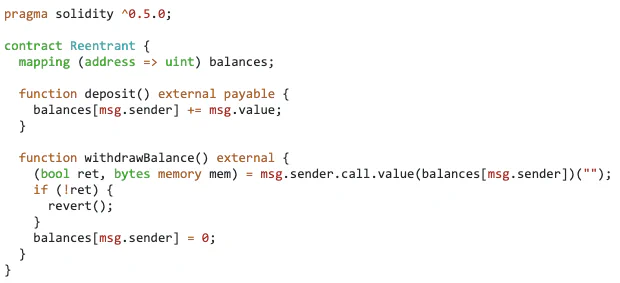 Example Solidity contract vulnerable to a reentrancy exploit