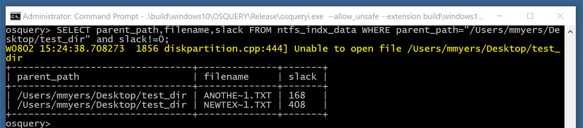 osquery query output listing unused filename entries with nonzero slack values in a directory&rsquo;s ntfs_indx_data index