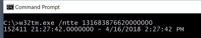 Windows w32tm command converting the forged NTFS timestamp 131683876620000000, showing all-zero sub-second precision