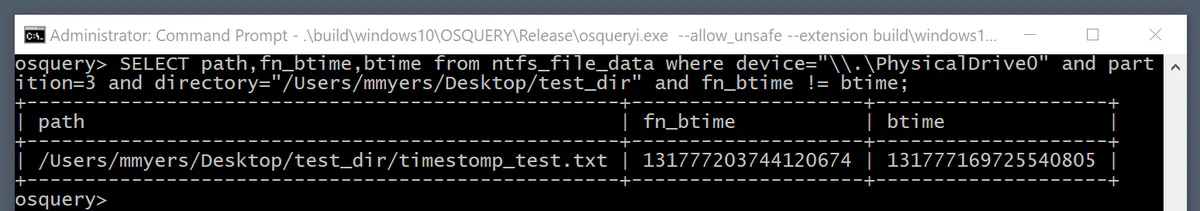 osquery query output showing an ntfs_file_data entry where the file-name and standard-information creation timestamps do not match