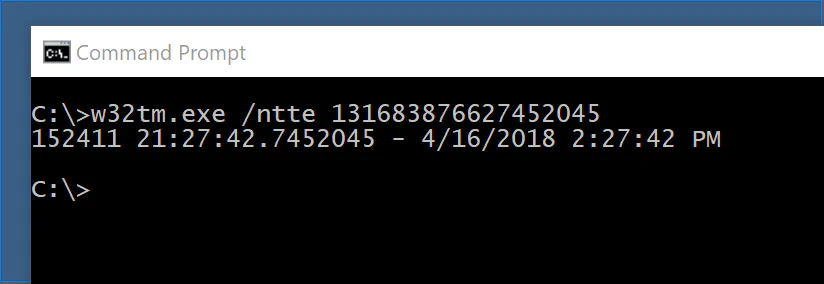 Windows w32tm command converting the NTFS timestamp 131683876627452045 to April 16, 2018 2:27:42 PM with full sub-second precision