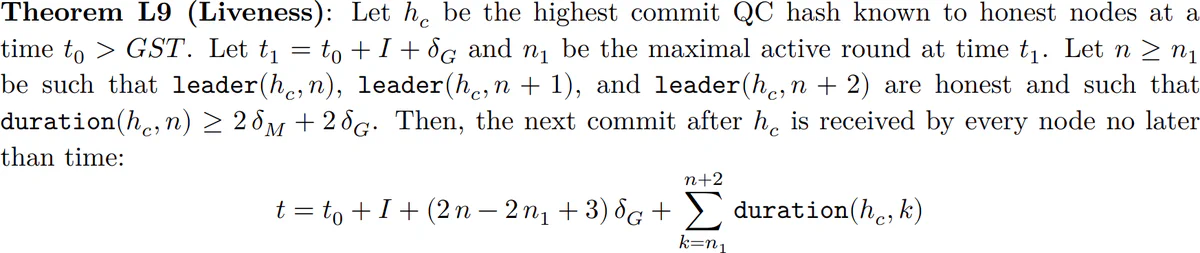 LibraBFT’s Theorem L9 (Liveness), giving an explicit time bound for when the next commit is received by every node