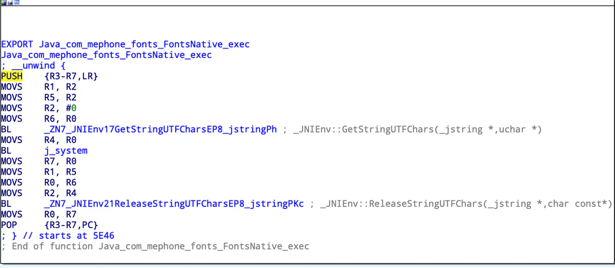 Code inside the Lovelyfonts library invoking a direct system call