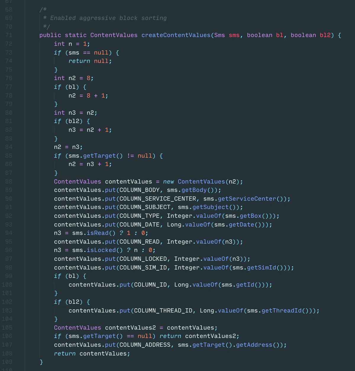 Screenshot of SMS messages stored in an unprotected SQLite database on the S10 counterfeit