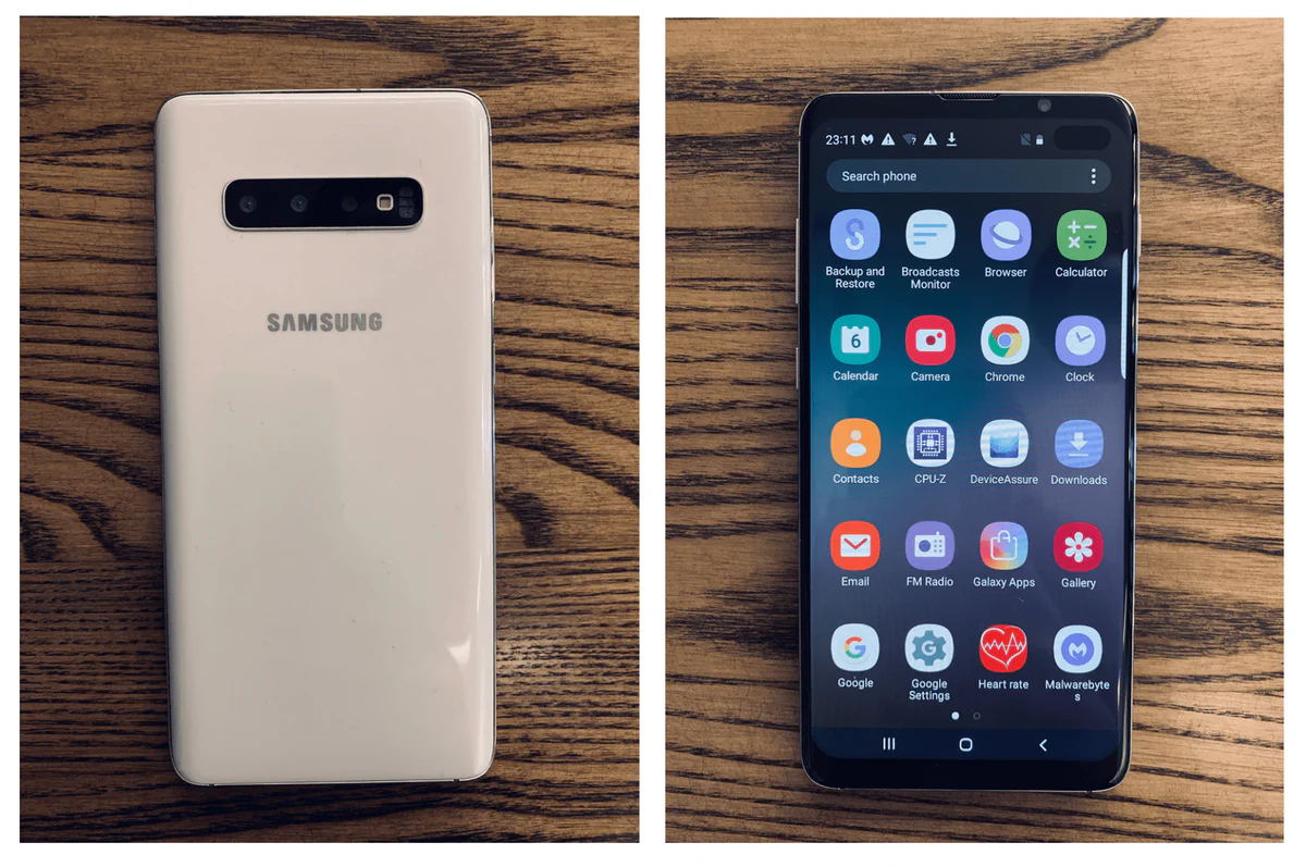 Front and back of counterfeit Samsung S10