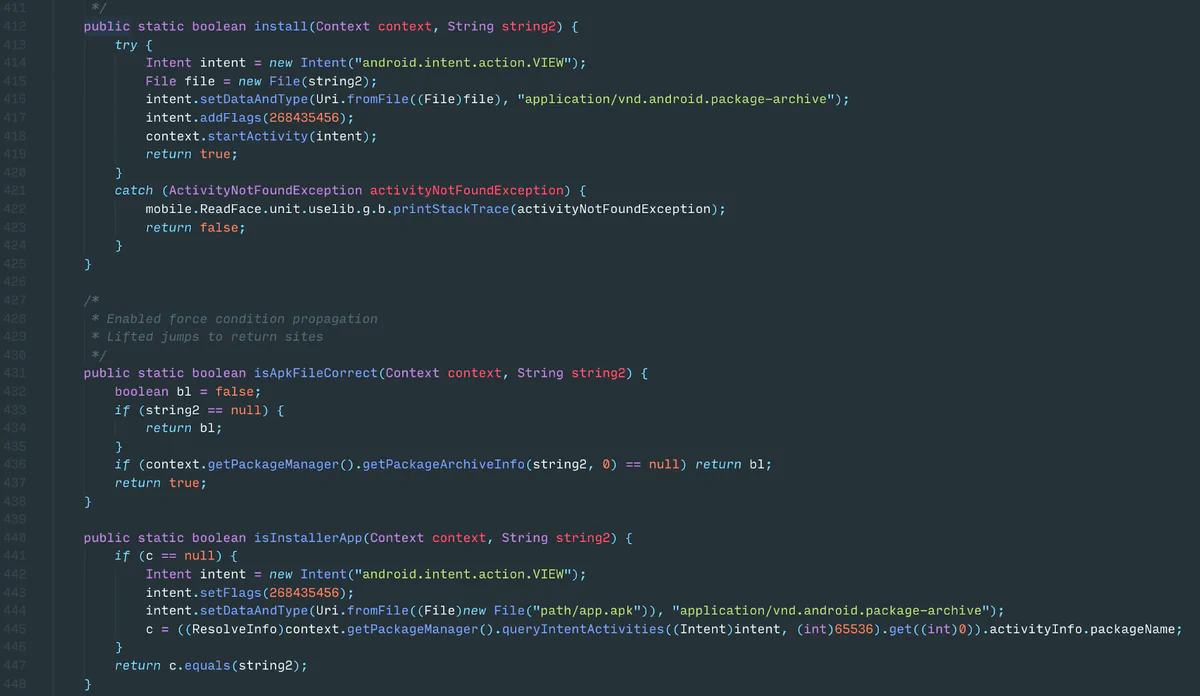 Code from the ReadFace facial recognition library showing the ability to install APKs on demand