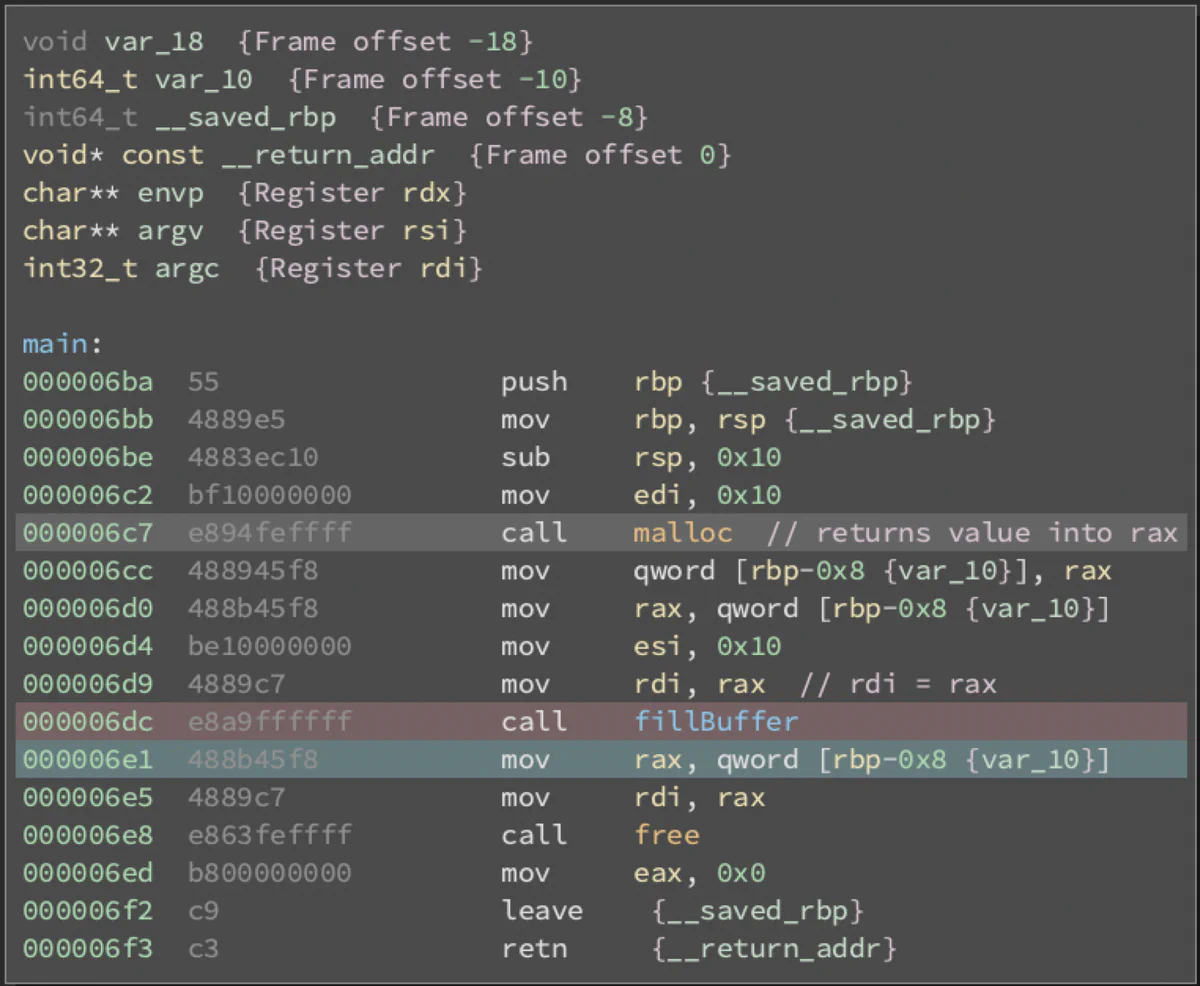 Binary Ninja disassembly of main() with the call to fillBuffer() highlighted in blue and the preceding instruction highlighted in red