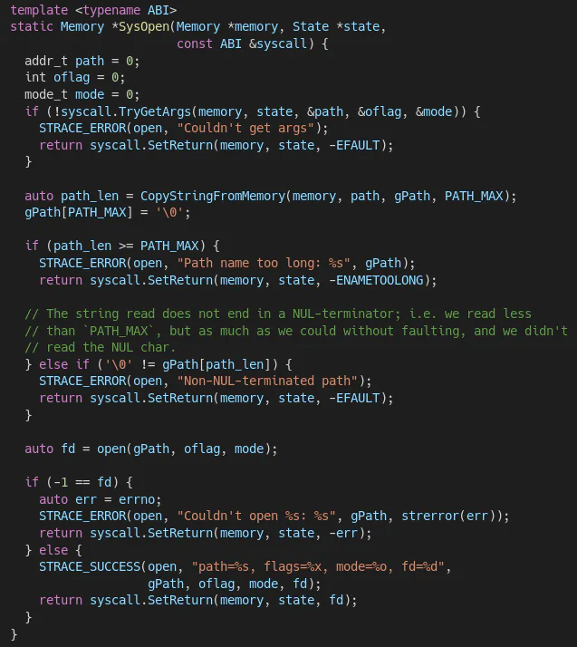 Snippet of emulated open system call