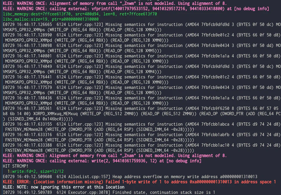 KLEE-Native output detecting a one-byte heap overflow in c-ares