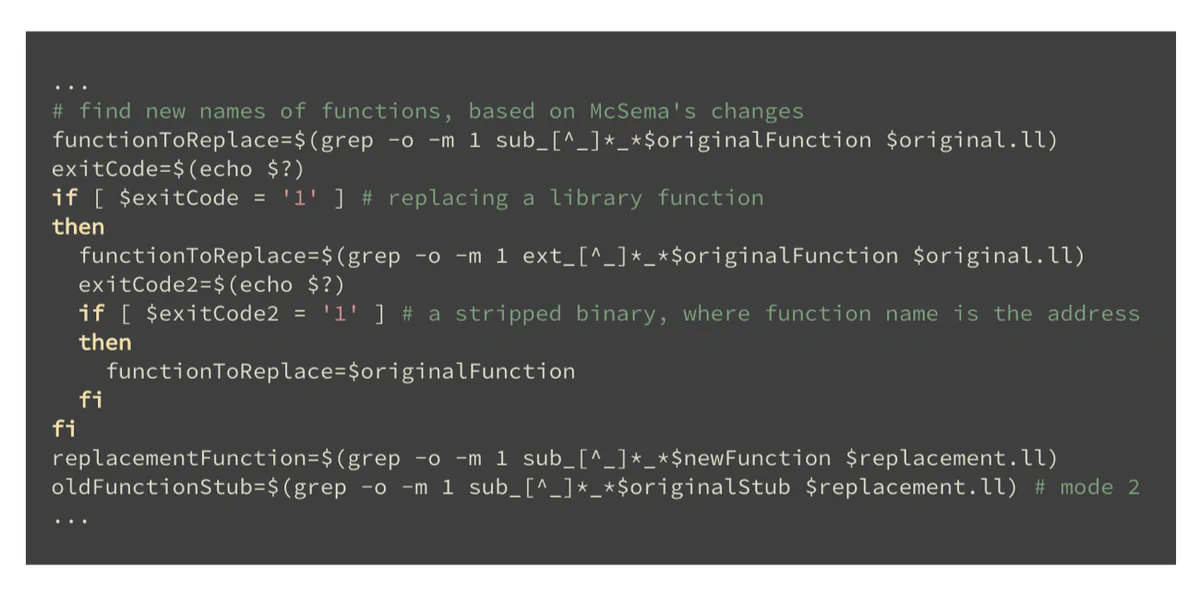 Bash script that finds the McSema-generated names of the functions to be replaced, with handling for library functions and stripped binaries
