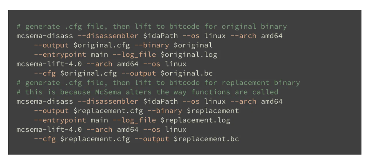 Bash script that generates a .cfg file and lifts it to bitcode for both the original and replacement binaries with mcsema-disass and mcsema-lift