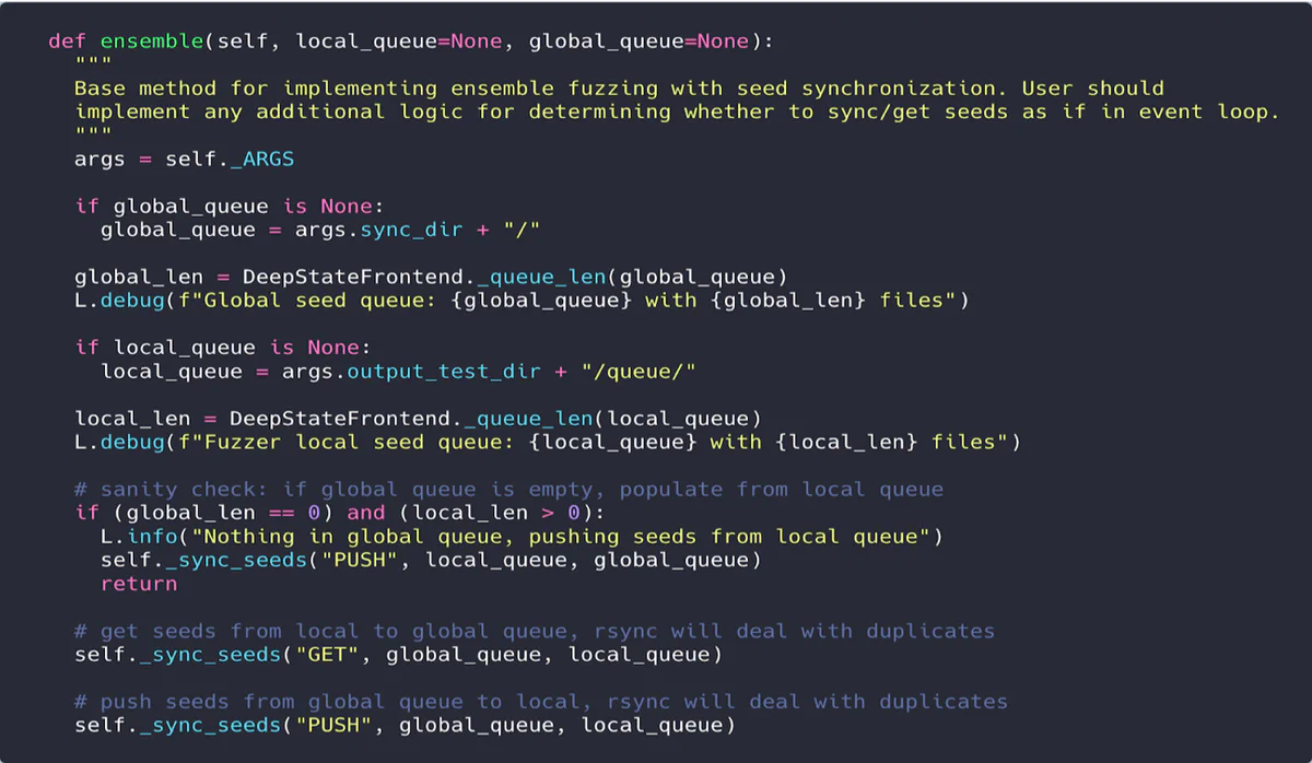 Ensemble method for seed synchronization. Each __sync_seeds() call invokes a specialized rsync command to transfer seeds between a local and global queue directory.